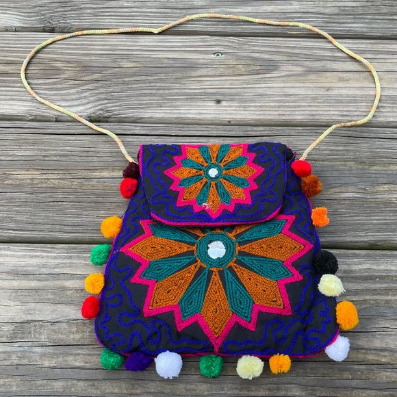 Girl Cross Body Bag Multi Color Embroidery Pom Pom - Picture 3 of 10